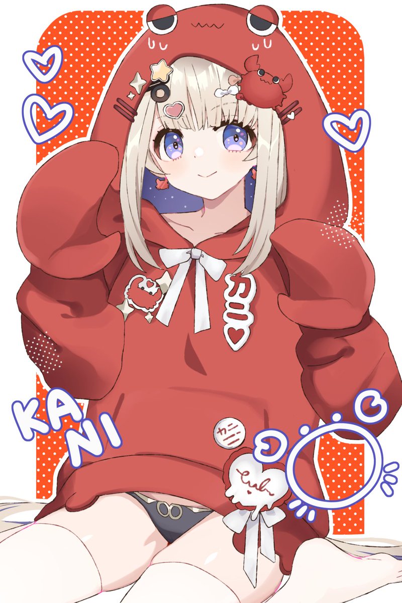 1girl amanogawa_shiina amanogawa_shiina_(2nd_costume) black_panties blonde_hair bow claws closed_mouth collarbone crab_claw crab_hood earrings hair_bow hair_ornament heart heart_hair_ornament highres hood hoodie jewelry n4391 no_pants panties phase_connect purple_eyes red_hoodie scissors_hair_ornament smile solo star_(symbol) thighhighs underwear virtual_youtuber white_bow white_thighhighs