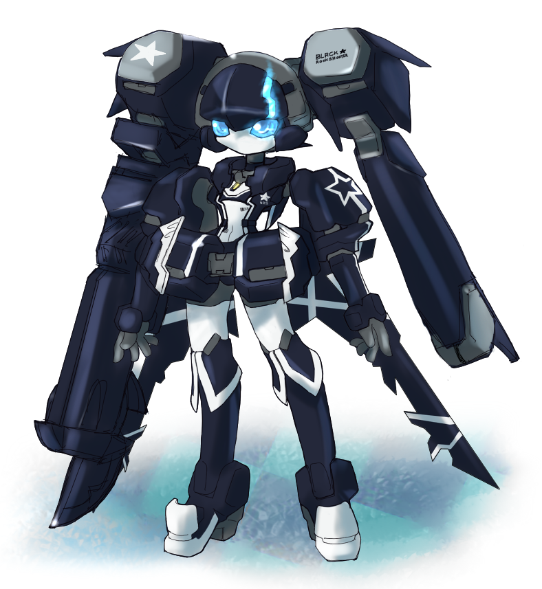 1girl akicha android arm_cannon belt black_rock_shooter black_rock_shooter_(character) black_rock_shooter_(character)_(cosplay) blazermate blue_eyes cannon cosplay flaming_eye high_heels humanoid_robot joints mechanical_hair mechanical_wings medarot no_mouth no_nose o-ring o-ring_belt robot robot_girl robot_joints solo twintails weapon wings