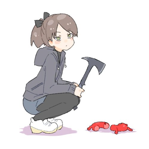 1girl alternate_costume axe bisected black_hoodie black_pantyhose black_ribbon black_shirt blue_shorts blush brown_hair closed_mouth creature enemy_lifebuoy_(kancolle) expressionless from_side full_body green_eyes hair_ribbon hatchet holding holding_axe hood hoodie jibakurei_(elite_unchi) kantai_collection long_sleeves looking_at_viewer lowres pantyhose pantyhose_under_shorts ponytail ribbon shikinami_(kancolle) shirt shoes short_hair short_shorts shorts simple_background slav_squatting sneakers solo squatting white_shoes