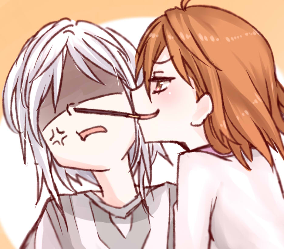 1boy 1girl accelerator_(toaru_majutsu_no_index) ahoge albino anger_vein blush brown_eyes brown_hair commentary diagonal-striped_clothes diagonal-striped_shirt dress food food_in_mouth from_side grey_shirt hair_between_eyes i.u.y long_bangs medium_hair misaka_worst no_eyes open_mouth pocky pocky_day pocky_in_mouth portrait shaded_face shirt smile striped_clothes striped_shirt toaru_majutsu_no_index toaru_majutsu_no_index:_new_testament upper_body white_dress white_hair