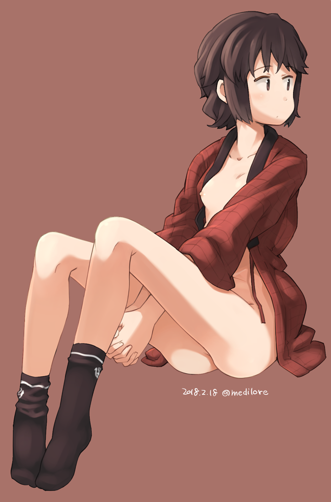 1girl between_legs black_socks breasts brown_background brown_eyes brown_hair coat female_focus hand_between_legs happi japanese_clothes kantai_collection knees_up looking_away miyuki_(kancolle) miyuki_(setsubun)_(kancolle) naked_coat nipples sakura_(medilore) short_hair small_breasts socks solo
