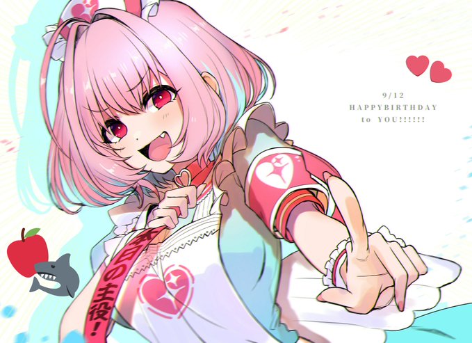 1girl ahoge apron aqua_dress aqua_hair armband blush breasts choker commentary_request dress emoji english_text fake_wings fang frilled_apron frilled_wrist_cuffs frills hair_intakes happy_birthday hat heart heart_print idolmaster idolmaster_cinderella_girls idolmaster_cinderella_girls_starlight_stage index_finger_raised large_breasts looking_at_viewer low_wings multicolored_hair nurse_cap official_alternate_costume open_mouth pink_armband pink_choker pink_eyes pink_hair short_hair short_sleeves smile solo sparkle_print translation_request two-tone_hair upper_body white_apron white_background white_wings white_wrist_cuffs wings woruka wrist_cuffs yumemi_riamu