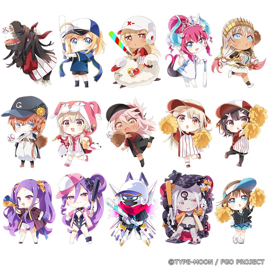 6+girls :d :o abigail_williams_(fate) altera_(fate) altera_the_santa_(fate) artoria_pendragon_(fate) ball barefoot baseball_(object) baseball_bat baseball_glove bikini black_bikini black_hair black_socks blonde_hair blue_eyes blue_hat blue_scarf blue_shirt blunt_bangs blush brown_shoes character_request charlotte_corday_(fate) chibi chibi_only chloe_von_einzbern closed_mouth colored_skin commentary_request dark-skinned_female dark_skin dragon elizabeth_bathory_(fate) elizabeth_bathory_(fate/extra) fate/grail_league fate/grand_order fate_(series) full_body hair_between_eyes hat holding holding_baseball_bat holding_pom_poms hood hood_up illyasviel_von_einzbern long_hair miyu_edelfelt multiple_girls mysterious_heroine_x_(fate) mysterious_heroine_xx_(fate) namori official_art open_mouth pink_hat pink_shoes pom_pom_(cheerleading) pom_poms ponytail prisma_illya purple_hair purple_skin red_eyes saber_(fate) scarf shirt shoes short_hair short_sleeves shorts simple_background smile socks striped_clothes striped_shirt swimsuit tail tiara v-shaped_eyebrows van_gogh_(fate) white_background white_hat white_shirt white_shoes white_shorts wu_zetian_(fate) zenobia_(fate)