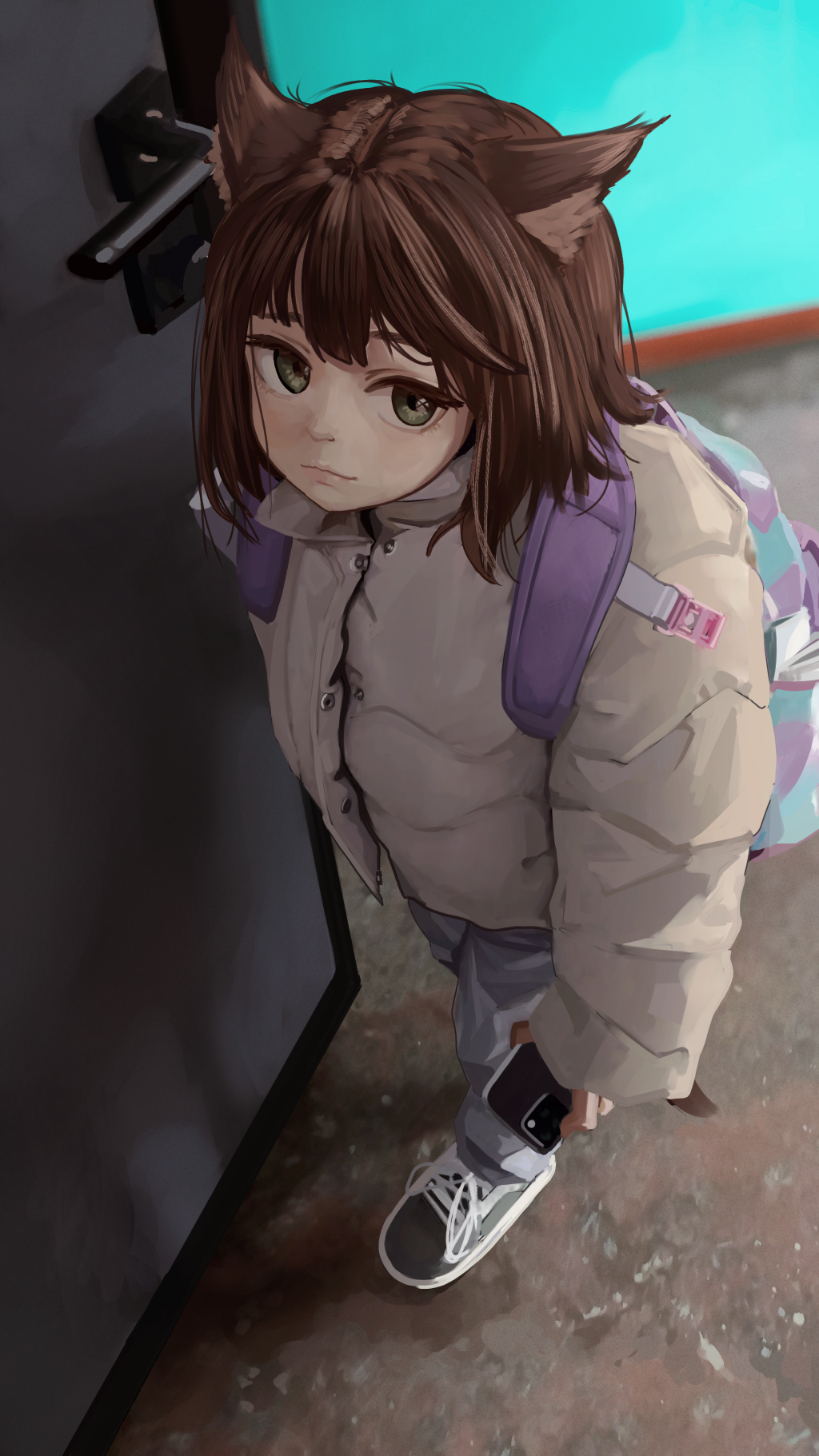 1girl animal_ear_fluff animal_ears anya_(servachock) backpack bag blue_bag bob_cut brown_hair casual cat_ears cat_girl cellphone coat commentary foreshortening from_above full_body green_eyes grey_pants grey_shoes highres holding holding_phone indoors light_smile long_sleeves looking_at_viewer looking_up loose_hair_strand open_door opening_door original pants phone purple_bag russian_commentary servachok shoes short_hair smartphone sneakers solo two-tone_bag white_coat