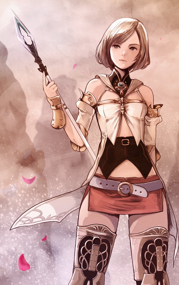 1girl ashelia_b&#039;nargin_dalmasca belt breasts closed_mouth commentary female_focus final_fantasy final_fantasy_xii ma-hain-scarlet miniskirt short_hair skirt solo thighhighs weapon