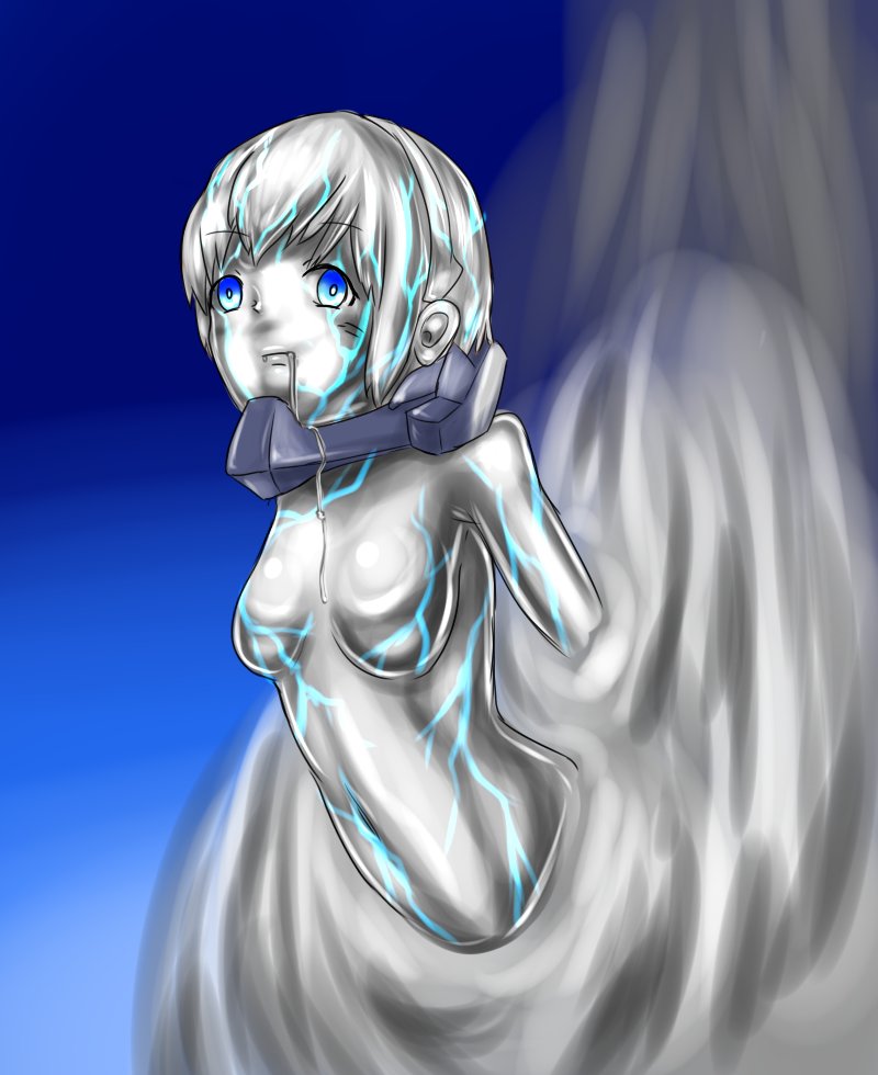 1girl aomatu_spaghe blue_background blue_eyes breasts drooling female_focus godzilla:_city_on_the_edge_of_battle godzilla:_planet_of_the_monsters godzilla:_the_planet_eater godzilla_(series) liquid_metal looking_at_viewer medium_breasts metal metal_breasts metal_girl metal_skin mouth_drool multicolored_background nanometal nude open_mouth polygon_pictures shiny_skin short_hair silver_hair solo solo_focus stuck tani_yuko toho transformation transformation wide_hips