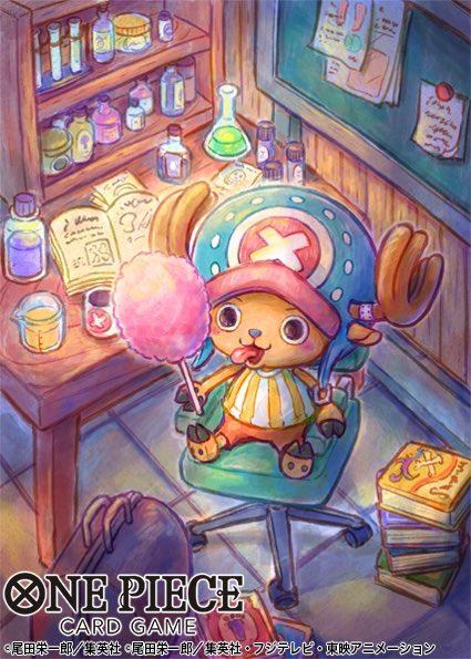 1boy antlers beaker blush_stickers book chair commentary_request copyright_name cotton_candy cross cup erlenmeyer_flask first_aid_kit flask food hat holding holding_cotton_candy holding_food horns male_focus one_piece open_book orange_shirt reindeer_antlers shirt sitting solo sowsow striped_clothes striped_shirt test_tube tongue tongue_out tony_tony_chopper two-tone_shirt vertical-striped_clothes vertical-striped_shirt white_shirt