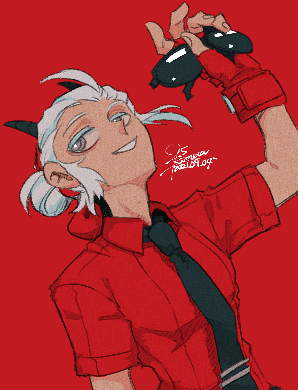 1girl 25_kimera collared_shirt demon_girl demon_horns grey_eyes hair_bun helltaker highres horns justice_(helltaker) red_shirt shirt solo sunglasses white_hair