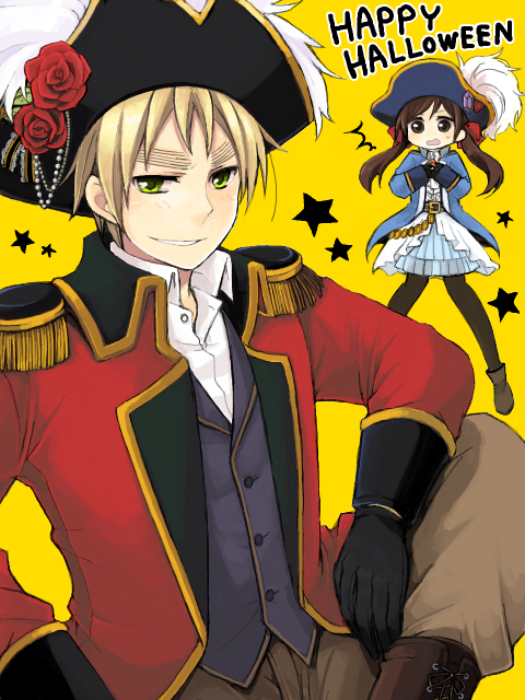 1boy 1girl alternate_costume ankle_boots ascot axis_powers_hetalia belt bicorne black_pantyhose blonde_hair blush boots brown_eyes brown_hair captain_hook captain_hook_(cosplay) cosplay cross-laced_footwear english_text epaulettes eyebrows flower frilled_skirt frills gem gloves gold green_eyes grin hair_ribbon halloween happy_halloween hat hat_feather hat_flower inari_(25) james_hook james_hook_(cosplay) long_hair miniskirt open_mouth pants pantyhose pigeon-toed pirate red_flower red_rose ribbon rose seychelles_(hetalia) simple_background sitting skirt smile star_(symbol) steepled_fingers surprised sweat swept_bangs tegaki thick_eyebrows tricorne twintails united_kingdom_(hetalia) yellow_background