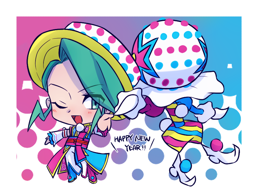1boy blacephalon chibi gen_7_pokemon green_eyes green_hair happy_new_year haruki_sparsa male_focus new_year nintendo official_alternate_costume one_eye_closed pokemon pokemon_(creature) pokemon_masters_ex polka_dot_headwear smile ultra_beast wallace_(new_year&#039;s_2024)_(pokemon) wallace_(pokemon)