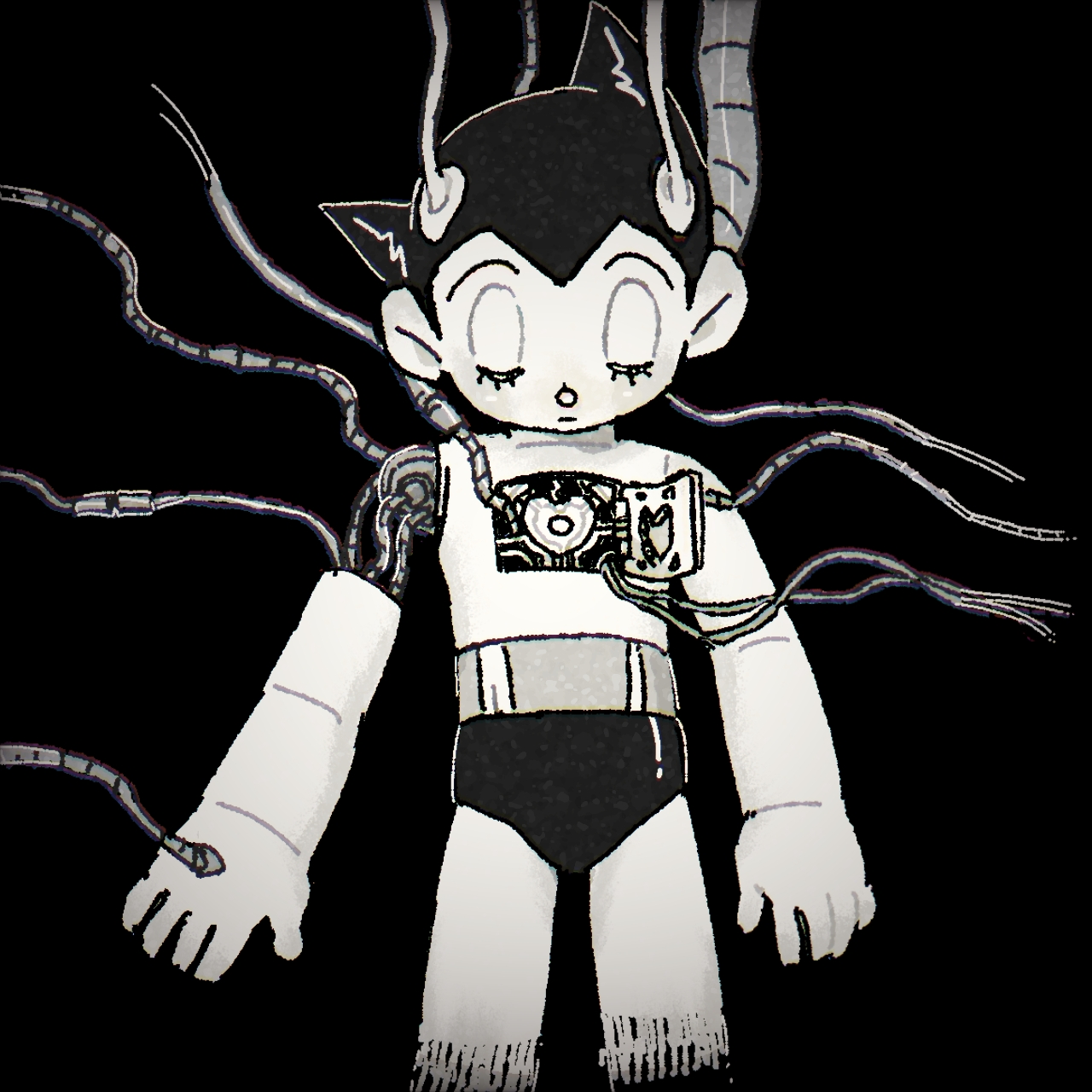 1boy android atom_(tetsuwan_atom) cable closed_eyes commentary_request greyscale highres male_focus marias_(harako) mechabare monochrome solo tetsuwan_atom topless_male tube wire