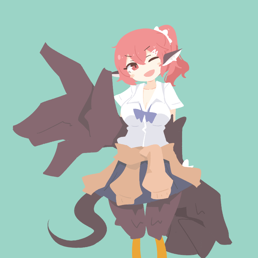 1girl animal_ears big_o_pants bird_ears bird_legs bird_tail black_feathers black_skirt black_wings breasts cleavage clothes_around_waist commentary_request feather_fingers feathers fio-chan_(big_o_pants) green_background hair_between_eyes hair_ornament hairclip harpy jacket jacket_around_waist large_breasts long_hair looking_at_viewer monster_girl one_eye_closed open_mouth original ponytail red_eyes red_hair simple_background skirt solo tail white_skirt winged_arms wings