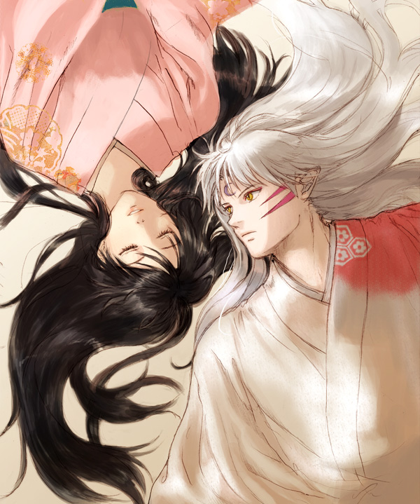 1boy 1girl bad_id bad_pixiv_id black_hair eyelashes closed_eyes facial_mark inuyasha japanese_clothes kimono long_hair niko_(silent.whitesnow) aged_up parted_lips pointy_ears rin_(inuyasha) rotational_symmetry sesshoumaru silver_hair upper_body upside-down