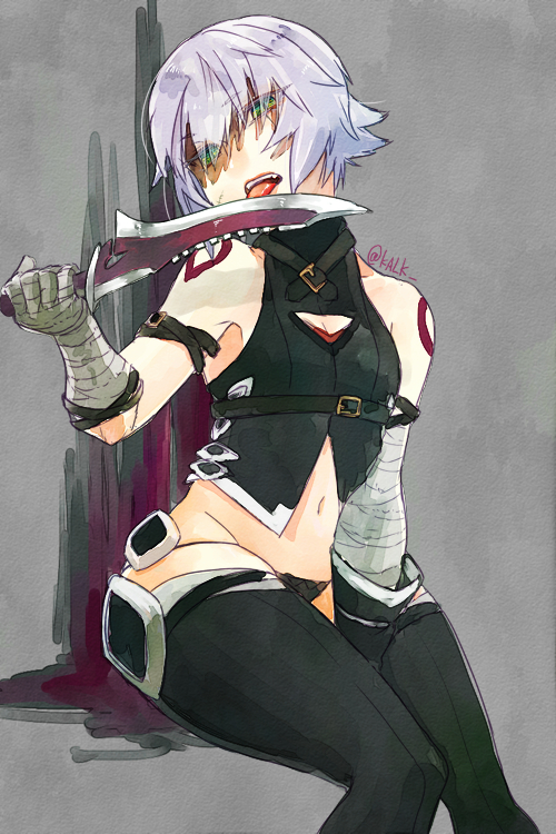 1girl bandaged_arm bandages bare_shoulders black_thighhighs breasts commentary_request crop_top dagger fate/apocrypha fate/grand_order fate_(series) green_eyes grey_hair holding holding_dagger holding_knife holding_weapon jack_the_ripper_(fate/apocrypha) kalk knife licking licking_weapon looking_at_viewer navel short_hair sitting small_breasts solo thighhighs tongue tongue_out weapon