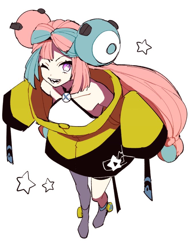 1girl aqua_hair character_hair_ornament game_freak hair_ornament iono_(pokemon) jacket long_hair long_sleeves looking_at_viewer low-tied_long_hair multicolored_hair nintendo one_eye_closed oversized_clothes pink_eyes pink_hair pokemon pokemon_sv sharp_teeth simple_background smile solo standing star_(symbol) teeth two-tone_hair white_background yellow_jacket yuden_33