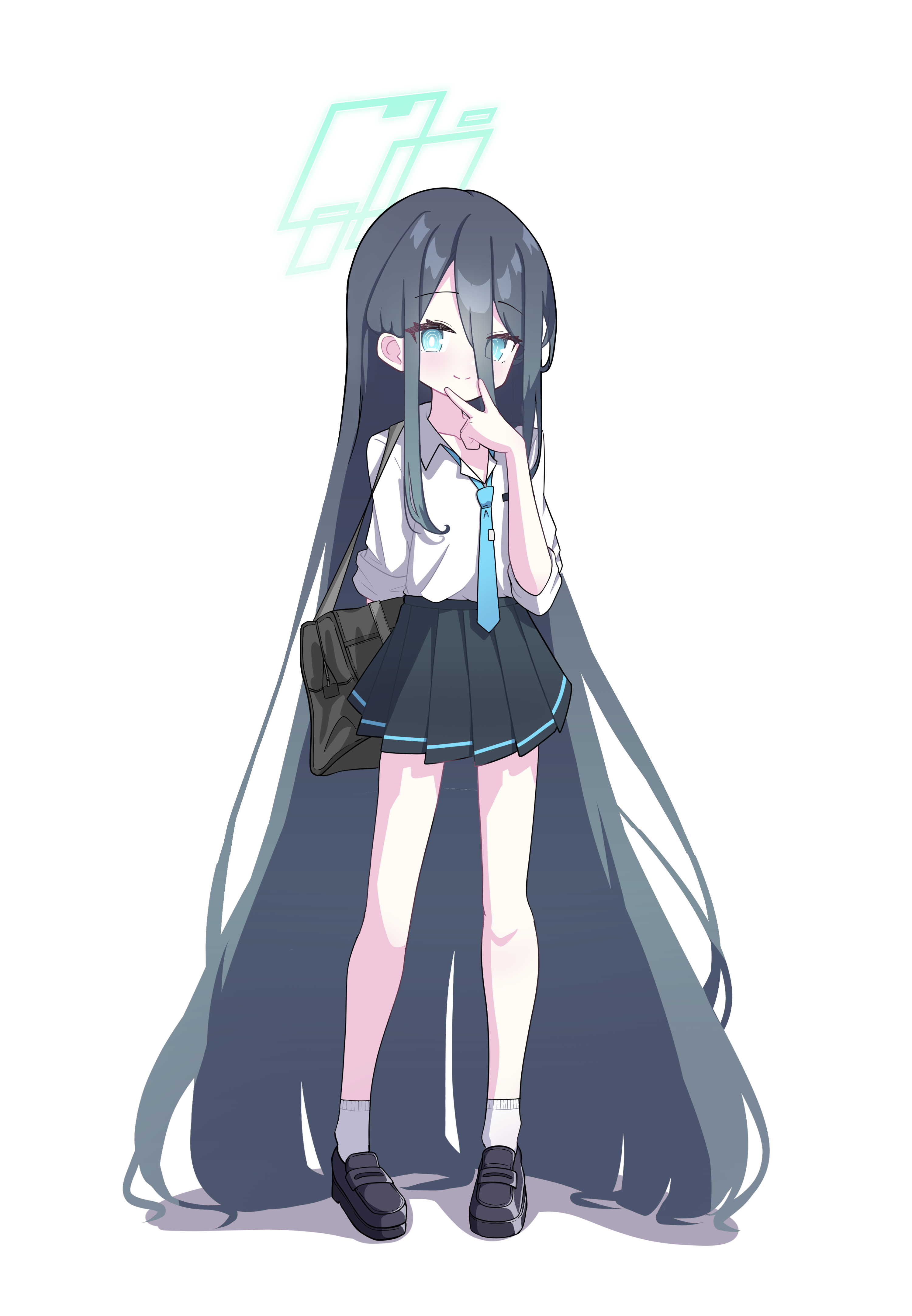1girl 525_woiwo absurdly_long_hair absurdres aris_(blue_archive) bag black_hair black_shoes black_skirt blue_archive blue_eyes blue_necktie closed_mouth collared_shirt commentary_request full_body green_halo halo highres long_hair looking_at_viewer mary_janes necktie pleated_skirt ringed_eyes school_bag shirt shoes short_sleeves simple_background skirt smile socks standing v very_long_hair white_background white_shirt white_socks