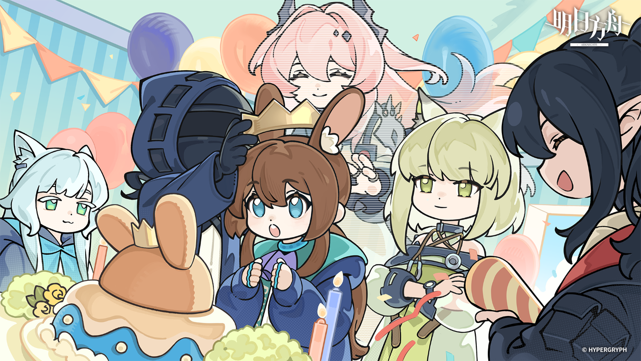 1other 5girls :3 :d ambiguous_gender amiya_(arknights) animal_ear_fluff animal_ears arknights balloon bare_shoulders black_hair blue_eyes blue_hair candle cat_ears cat_girl closed_eyes closed_mouth closure_(arknights) crown doctor_(arknights) favilia green_eyes green_hair hologram indoors jewelry kal'tsit_(arknights) long_hair long_sleeves multiple_girls multiple_rings open_mouth party_popper pink_hair pointy_ears ponytail puffy_long_sleeves puffy_sleeves rabbit_ears rabbit_girl ring rosmontis_(arknights) short_hair slice_of_life smile theresa_(arknights)