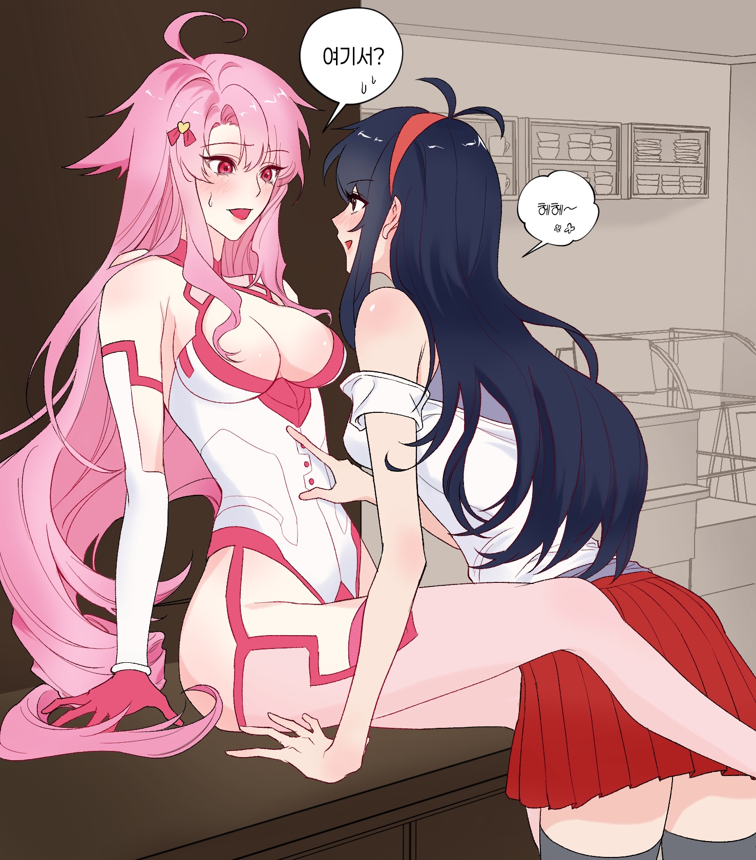 3mek0 ahoge antenna_hair black_hair blush bodysuit cafe commission commissioner_upload curtained_hair finger_to_another&#039;s_stomach hair_ornament hairband hairpin highres lilim_(sakura_cupid) mitsuki_(sakura_cupid) non-web_source pink_eyes pink_hair red_hairband sakura_cupid sitting sitting_on_table yuri