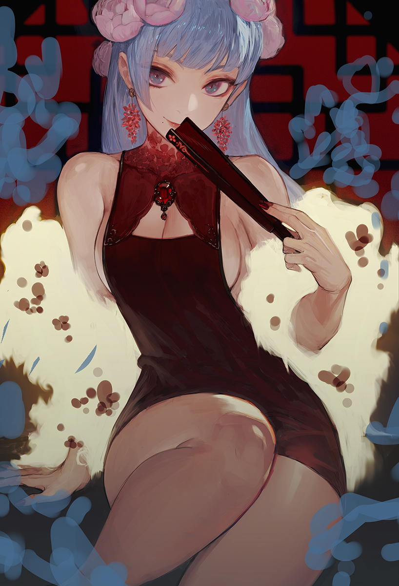 1girl arm_support bare_shoulders blue_eyes blue_hair blunt_bangs breasts cleavage cleavage_cutout closed_mouth clothing_cutout dress earrings fan_to_mouth feather_boa flower flower_earrings folding_fan folding_screen foot_out_of_frame gem gradient_clothes hair_flower hair_ornament hand_fan highres holding holding_fan jewelry knee_up light_blue_hair long_hair looking_at_viewer medium_breasts mole mole_under_mouth morry nail_polish original red_dress red_gemstone red_nails short_dress sideboob single_sidelock sitting sleeveless sleeveless_dress smile solo squiggle thighs turtleneck turtleneck_dress