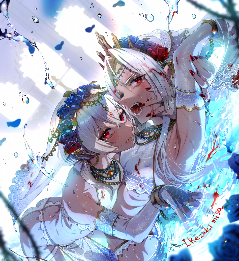 2boys arabian_clothes armpits arms_up artist_name ass bishounen blood blood_in_water blood_on_face blue_flower blue_rose brothers butt_crack closed_mouth covered_erect_nipples covered_penis crop_top crossdressing cuffs dark_skin detached_sleeves ear_ornament erection falling_petals fangs fingerless_gloves flower flower_hairband from_side frown gloves grey_hair hair_between_eyes hand_on_another&#039;s_arm handcuffs ikezaki_misa jewelry leaning_forward leaning_on_person long_hair looking_at_viewer low_ponytail lying male_focus multiple_boys on_back open_mouth original parted_bangs petals pointy_ears ponytail red_eyes red_flower red_nails red_rose revealing_clothes rose see-through_clothes siblings sunlight tan tearing_up tongue veil water_drop wet wet_clothes white_veil