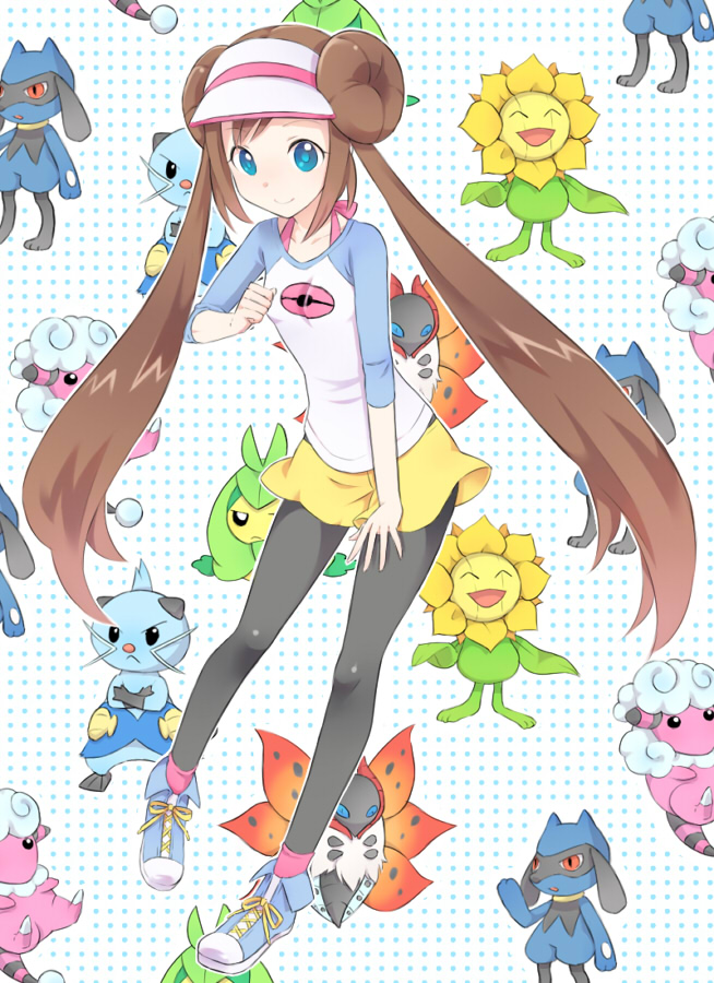 10s 1girl animal ayamoto blue_eyes brown_hair bug creature dewott donut_hair_bun double_bun flaaffy gen_2_pokemon gen_4_pokemon gen_5_pokemon hair_bun insect long_hair moth nintendo pantyhose pokemon pokemon_(creature) pokemon_bw2 raglan_sleeves riolu rosa_(pokemon) samurott sheep shorts skirt sunflora swadloon twintails visor_cap volcarona