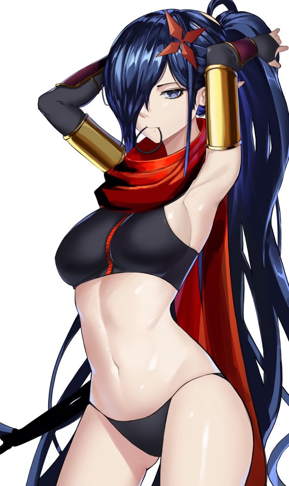 1girl alternate_costume arm_guards armor armpit_crease armpits black_gloves blue_eyes blue_hair breasts elbow_gloves expressionless fingerless_gloves gloves hair_ornament hair_over_one_eye hair_rings hair_tie long_hair looking_at_viewer medium_breasts navel original pointy_ears red_scarf scarf shadow_dancer_(dungeon_and_fighter) shiny_skin shuriken sideboob solo thief_(dungeon_and_fighter) underwear underwear_only very_long_hair weapon zipper
