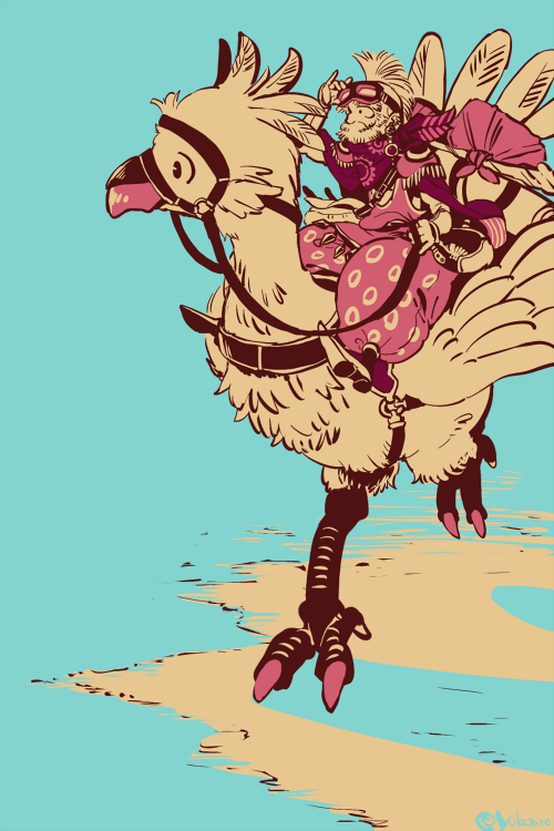 1boy aqua_background bag bandana bandana_around_neck beard bindle bird boots chocobo eyewear_lift facial_hair final_fantasy final_fantasy_vi goggles goggles_on_head holding holding_reins limited_palette male_focus mohawk old old_man puffy_pants ratite reins riding riding_animal riding_bird saddle satchel strago_magus yellow_bird yukataro