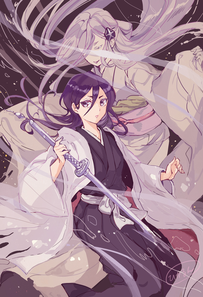 2girls black_hair black_kimono bleach coat hair_between_eyes hara_hikaru holding holding_sword holding_weapon japanese_clothes kimono kuchiki_rukia long_hair long_sleeves looking_at_viewer multiple_girls open_clothes open_coat purple_eyes sode_no_shirayuki sword weapon white_coat white_hair white_kimono wide_sleeves