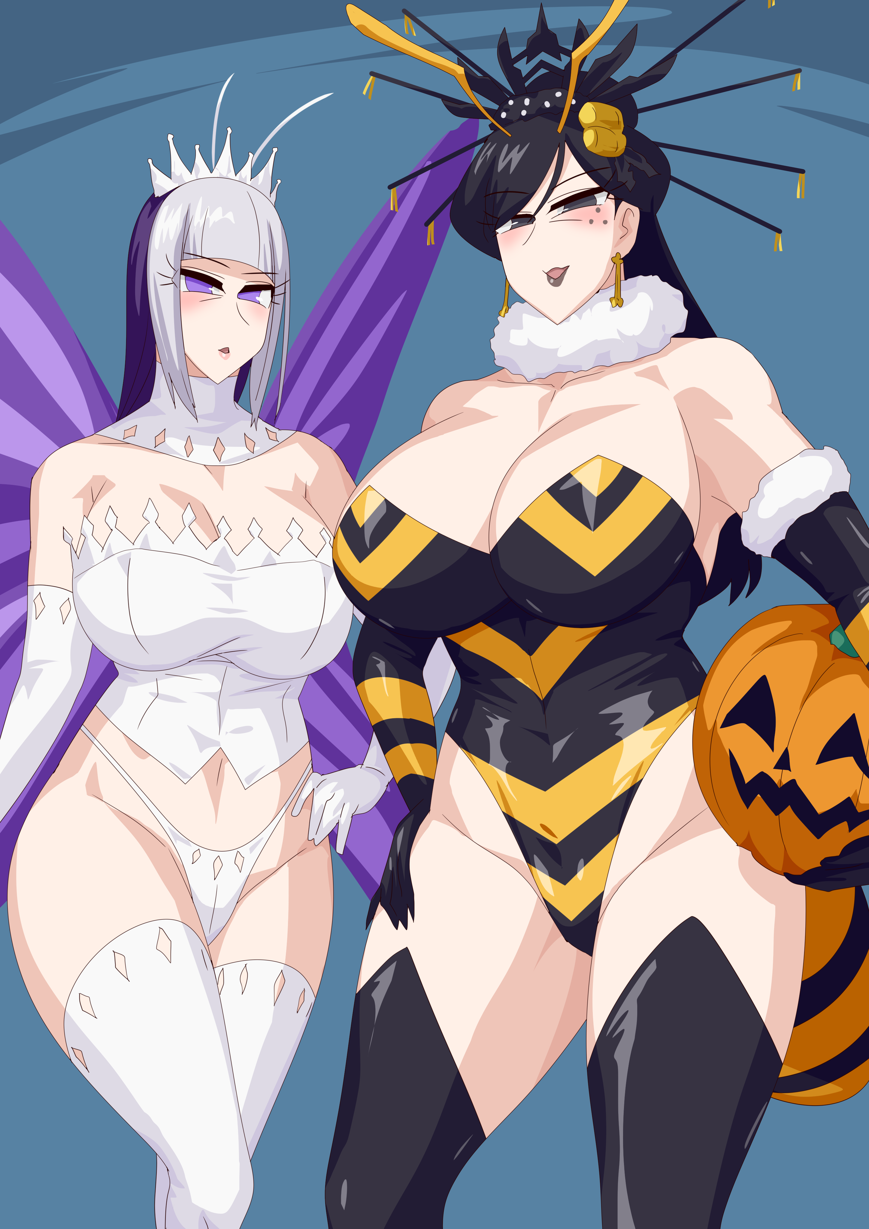 2girls absurdres black_hair butterfly_wings grey_eyes halloween_costume highres holding_jack_o_lantern insect_wings iroki karras multiple_girls ohsama_sentai_king-ohger otokamu super_sentai white_and_purple_hair wings