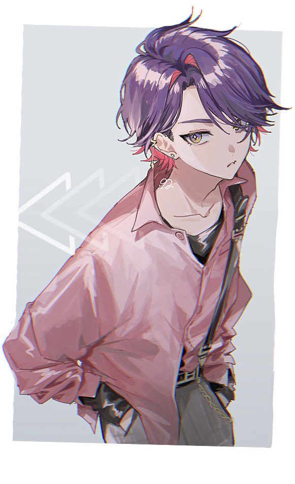1boy asymmetrical_bangs closed_mouth collarbone collared_shirt colored_inner_hair cropped_legs earrings grey_pants hands_in_pockets jacket jewelry kuzumiya_yuyu looking_at_viewer male_focus multicolored_hair nijisanji pants pink_hair pink_jacket purple_hair shirt solo sparkling_eyes two-tone_hair virtual_youtuber watarai_hibari yellow_eyes
