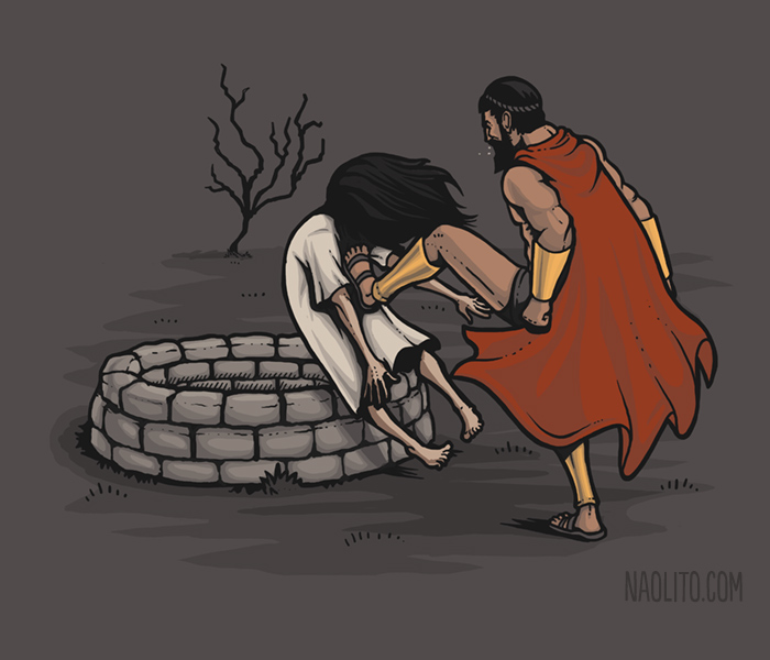 1boy 1girl 300_(movie) armor barefoot beard black_hair bracer cape crossover facial_hair greaves hair_over_eyes kicking leonidas long_hair nacho_diaz outdoors parody red_cape sandals the_ring violence watermark web_address well yamamura_sadako