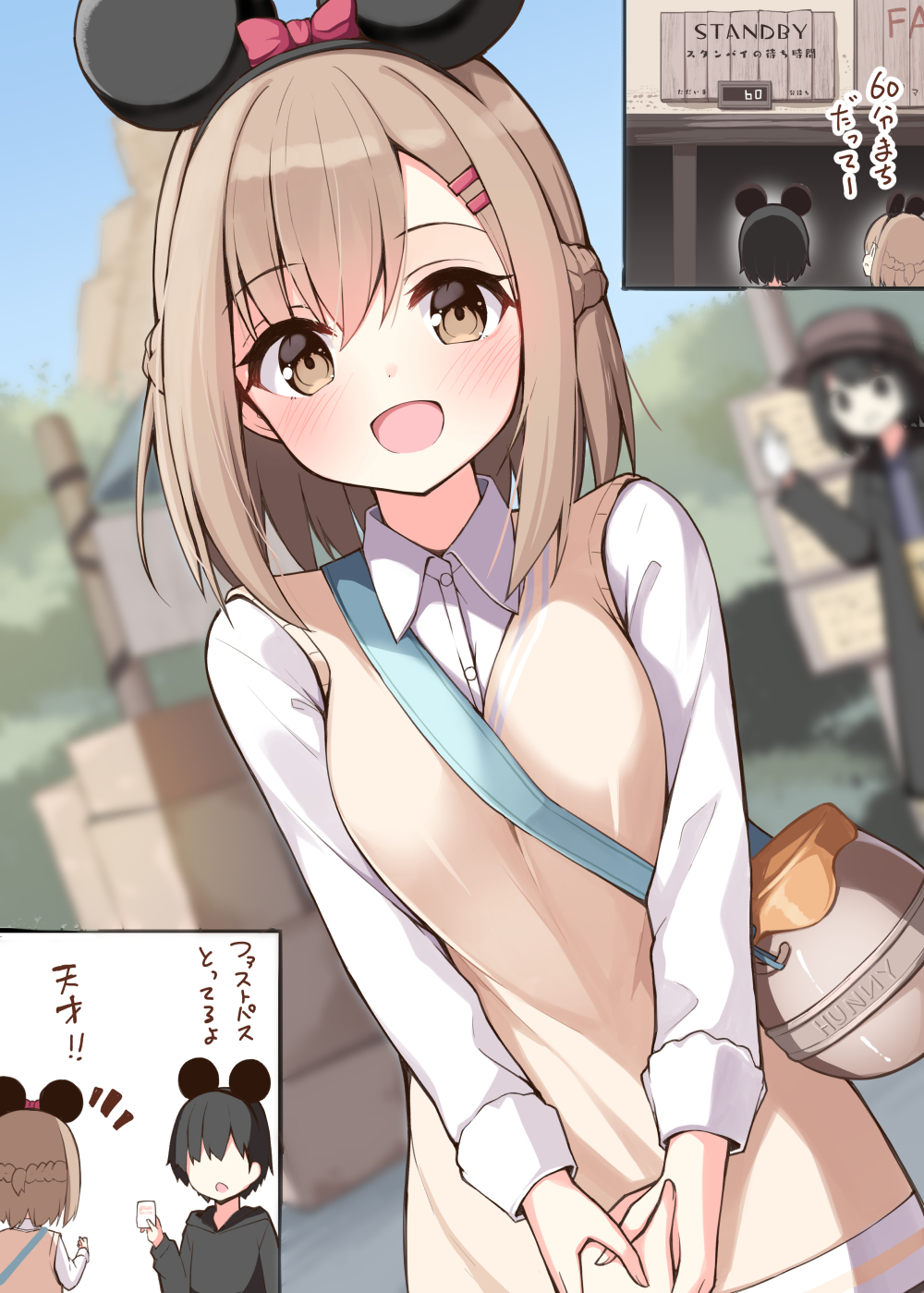 1boy 2girls :d :o animal_ears bag black_hair black_hairband black_hoodie black_jacket blurry blurry_background blush bow braid breasts brown_eyes brown_hair brown_headwear chibi childhood_friend_(ominaeshi) collared_shirt comic commentary_request depth_of_field dress_shirt faceless faceless_male fake_animal_ears hair_between_eyes hair_ornament hairband hairclip hand_grab highres hood hood_down hoodie jacket medium_breasts mickey_mouse_ears minnie_mouse_ears mouse_ears multiple_girls notice_lines ominaeshi_(takenoko) open_clothes open_jacket open_mouth original parted_lips red_bow shirt shoulder_bag smile sweater_vest translation_request white_shirt