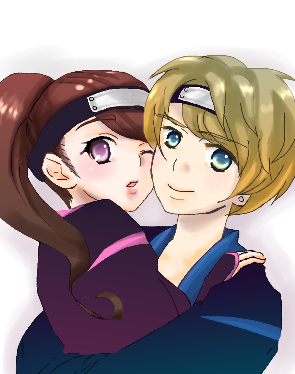 1boy 1girl blonde_hair blue_eyes brown_hair katou_yakumo lily_squid momochi_kasumi purple_eyes shuriken_sentai_ninninger super_sentai