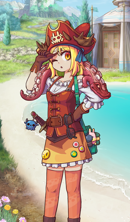 1girl alligator badge bag bare_shoulders belt blonde_hair boots breasts brown_gloves button_badge corset crocodilian fate/grand_order fate_(series) gloves hat looking_at_viewer off_shoulder official_art one_eye_closed open_mouth orange_thighhighs paul_bunyan_(fate) pirate pirate_hat red_hat riyo_(lyomsnpmp) shirt shore short_hair short_sleeves shoulder_bag skirt small_breasts super_bunyan_(dream_portrait)_(fate) super_bunyan_(fate) suspenders sword thighhighs unworn_eyewear weapon white_shirt yellow_eyes yellow_skirt