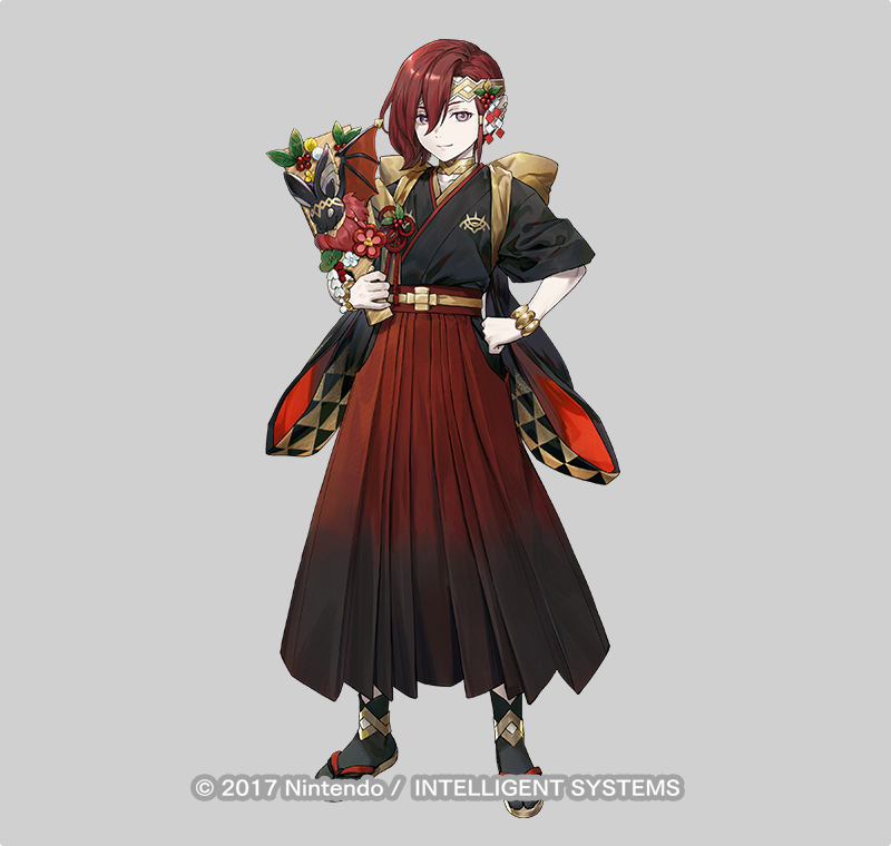 1boy animal_ears azu-taro bat_ears black_socks circlet elm_(fire_emblem) elm_(new_year)_(fire_emblem) emblem fire_emblem fire_emblem_heroes full_body grey_background hagoita hair_over_one_eye japanese_clothes kimono looking_at_viewer male_focus nintendo official_art paddle red_hair rope sandals shimenawa smile socks solo tabi trap zouri