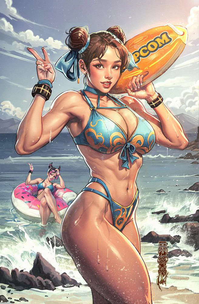 2girls beach bikini capcom cedric_poulat chun-li donut_innertube multiple_girls ocean street_fighter swimsuit v wet