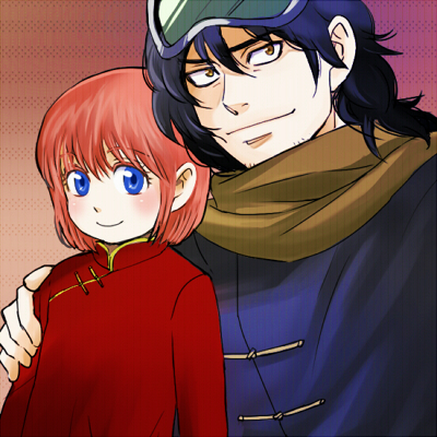 1boy 1girl 3mm blue_eyes blush father_and_daughter gintama kagura_(gintama) lowres short_hair smile umibouzu_(gintama)