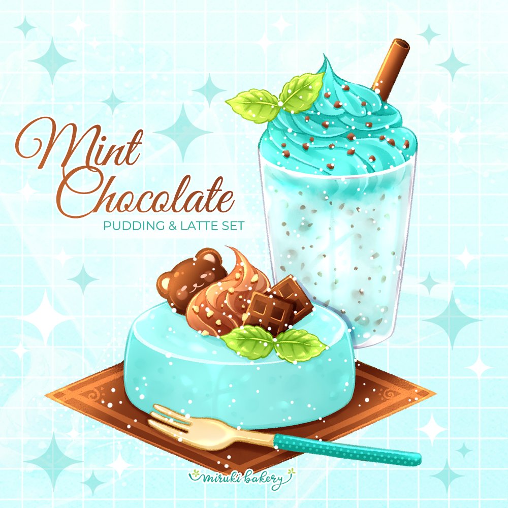 artist_name bear blue_background candy chocolate chocolate_bar chocolate_chip chocomiruki coffee commentary_request english_text food food_focus fork glass grid_background leaf mint_chocolate napkin no_humans original pudding sparkle whipped_cream