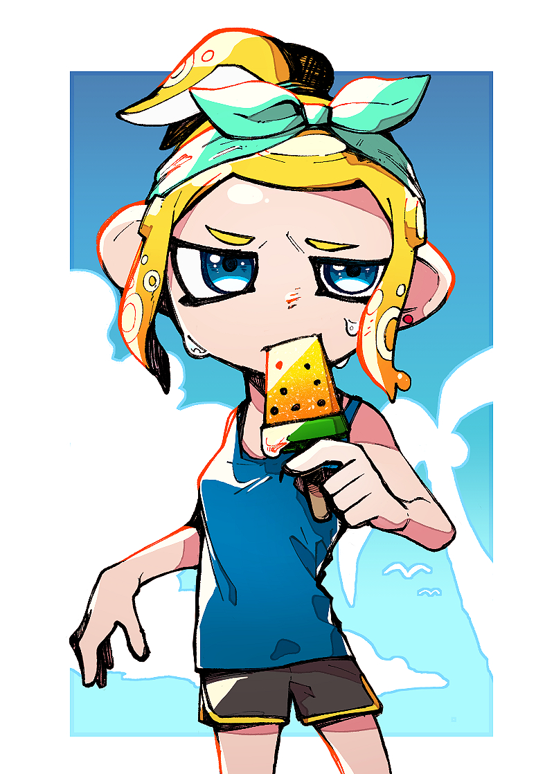 1girl aqua_bandana bandana bare_arms bare_shoulders black_shorts blonde_hair blue_eyes blue_tank_top coconut_tree earrings food high_ponytail inari1369 jewelry nintendo octoling octoling_girl octoling_player_character palm_tree ponytail popsicle short_hair shorts single_earring solo splatoon_(series) suction_cups sweat tank_top tentacle_hair tree watermelon_bar