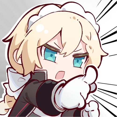 1girl artist_request blonde_hair blue_eyes braid centaureissi_(neural_cloud) chibi chibi_only chinese_commentary emphasis_lines furrowed_brow g36_(girls&#039;_frontline) girls&#039;_frontline girls&#039;_frontline_neural_cloud lowres maid_headdress objection official_art pointing pointing_at_viewer second-party_source solo