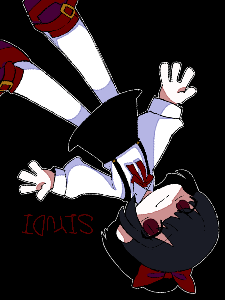 1girl black_background black_hair black_skirt bow bowtie closed_mouth collared_shirt commentary_request cookie_(touhou) full_body hair_bow high_ponytail long_sleeves looking_at_viewer pantyhose ponytail red_bow red_bowtie red_eyes red_shoes shaberu_hoppeta shaded_face shirt shoes short_hair simple_background siyudi_(cookie) skirt slit_pupils smile solo suspender_skirt suspenders upside-down white_pantyhose white_shirt