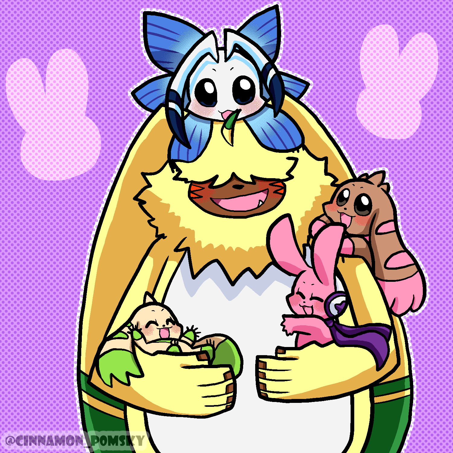 angoramon antennae covered_eyes cutemon digimon digimon_(creature) fang fluffy happy headphones highres hug lopmon morphomon scarf smile terriermon