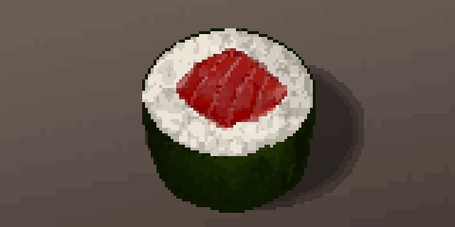 brown_background circle food hisachan55cute makizushi no_humans on_table original pixel_art rice scenery seaweed shadow simple_background sushi table tuna