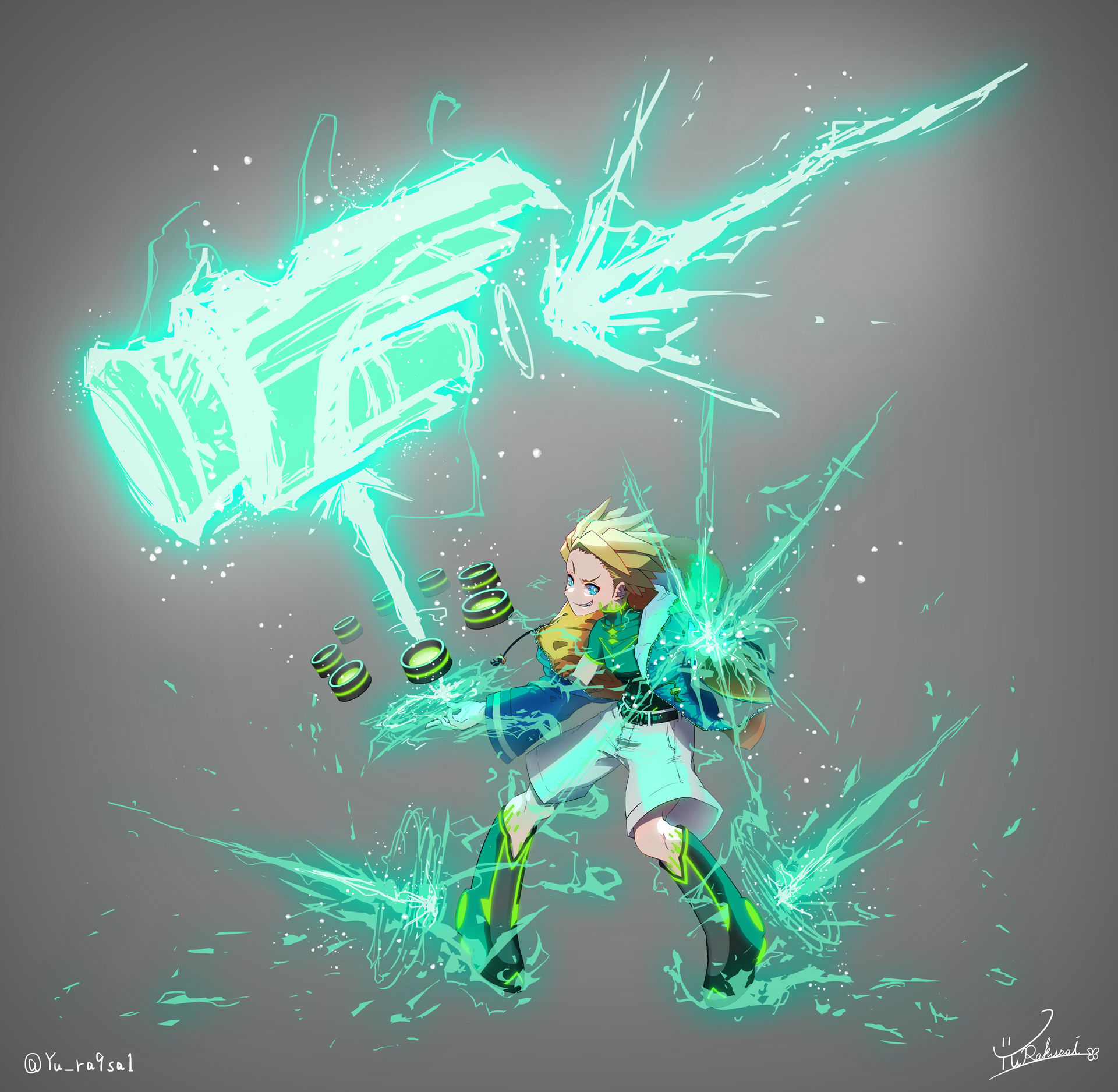 1boy anime_coloring blonde_hair blue_hair blue_jacket boots character_request child electricity electrokinesis fang fur-trimmed_jacket fur_trim glowing glowing_weapon grin hammer high_collar highres huge_weapon jacket male_focus open_clothes open_jacket shirt sledgehammer smile spiked_hair weapon white_shirt yurakusai