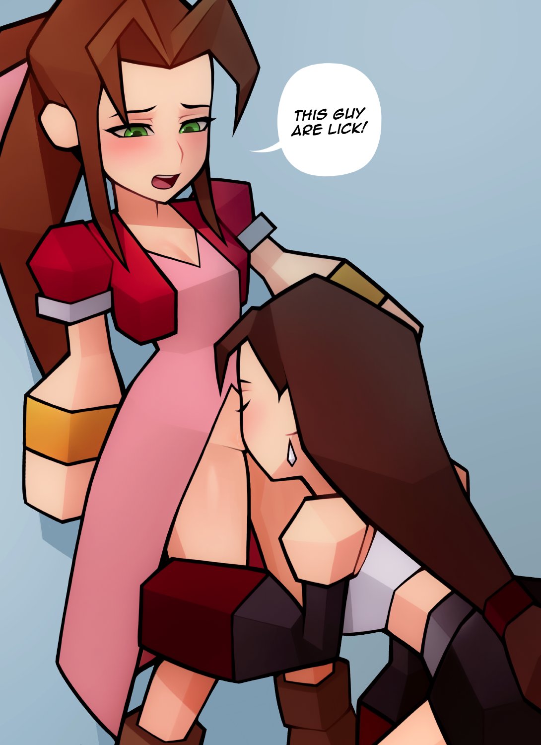 2girls aerith_gainsborough black_skirt breasts brown_hair cleavage crop_top cunnilingus dress english_text engrish engrish_text final_fantasy final_fantasy_vii green_eyes highres long_hair loodncrood low_poly medium_breasts multiple_girls oral pink_dress ponytail ranguage shirt skirt small_breasts speech_bubble tifa_lockhart white_shirt yuri
