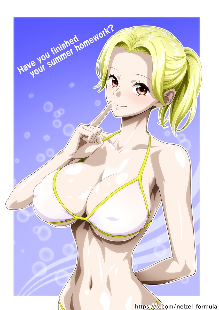 1girl artist_name breasts closed_mouth covered_erect_nipples english_text female_focus highres kaya_(one_piece) large_breasts nel-zel_formula one_piece smile swimsuit text_focus translation_request