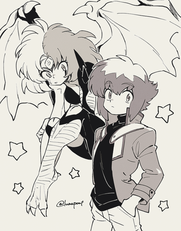 1boy 1other closed_mouth demon_wings floating greyscale hands_in_pockets looking_at_viewer lunapont monochrome pants short_hair simple_background star_(symbol) takahashi_rumiko_(style) wings yu-gi-oh! yu-gi-oh!_gx yubel yuki_judai