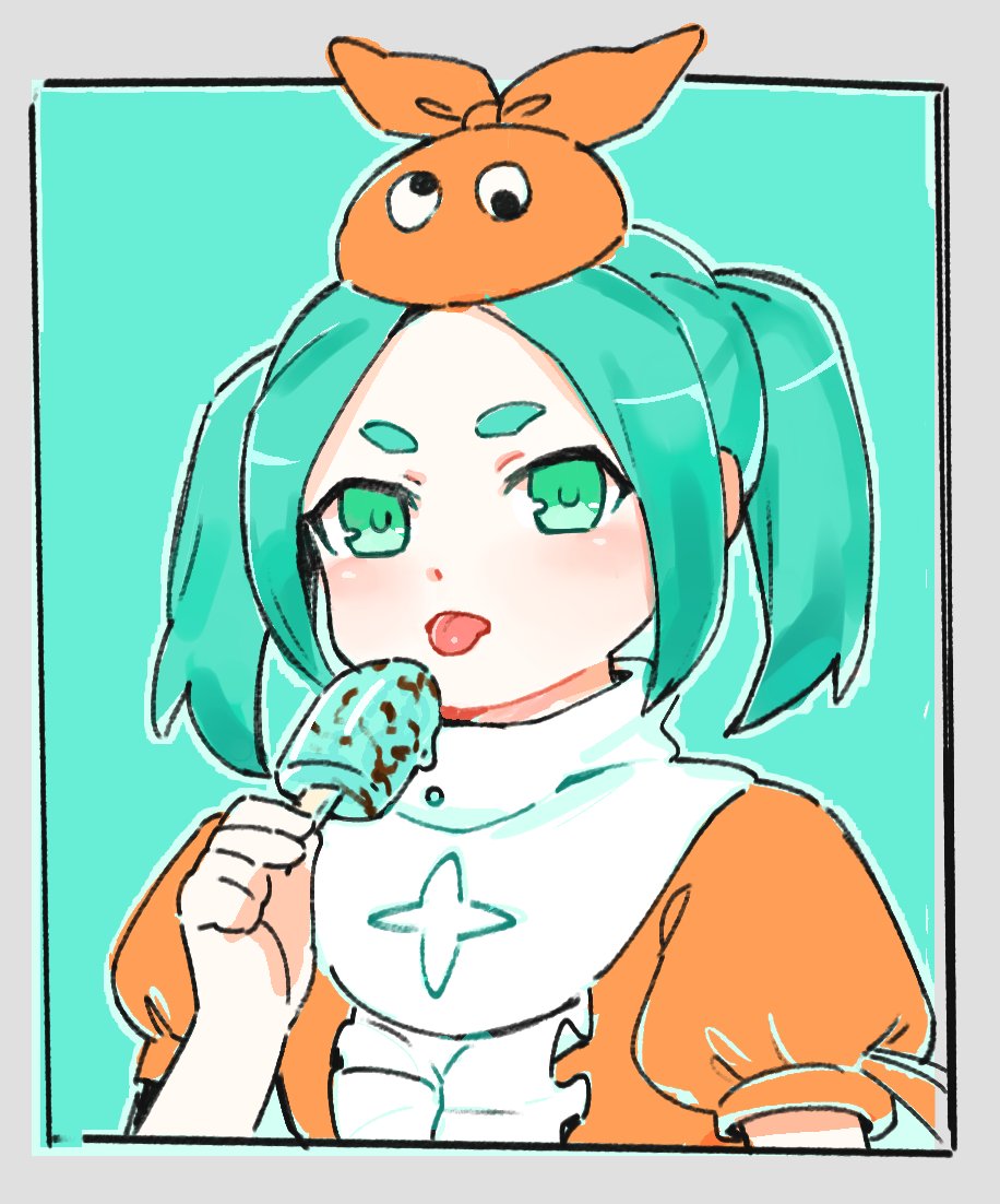 1girl aqua_background aqua_hair arm_at_side black_border blush border bright_pupils close-up commentary dress dripping food garakutaya_(grktya0831) googly_eyes green_eyes hat hikimayu holding holding_food holding_ice_cream ice_cream licking light_blush long_hair looking_at_viewer mint_chocolate monogatari_(series) ononoki_yotsugi orange_dress orange_hat outline outside_border parted_bangs portrait puffy_short_sleeves puffy_sleeves short_eyebrows short_sleeves simple_background sketch solo thick_eyebrows tongue tongue_out twintails white_border white_outline white_trim