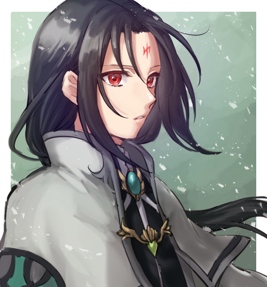 1boy black_hair brooch capelet commentary facial_mark fire_emblem fire_emblem:_radiant_dawn forehead_mark gem green_gemstone hazuki_(nyorosuke) jewelry long_hair male_focus nintendo official_alternate_costume parted_lips red_eyes solo soren_(fire_emblem) soren_(radiant_confidant)_(fire_emblem) upper_body