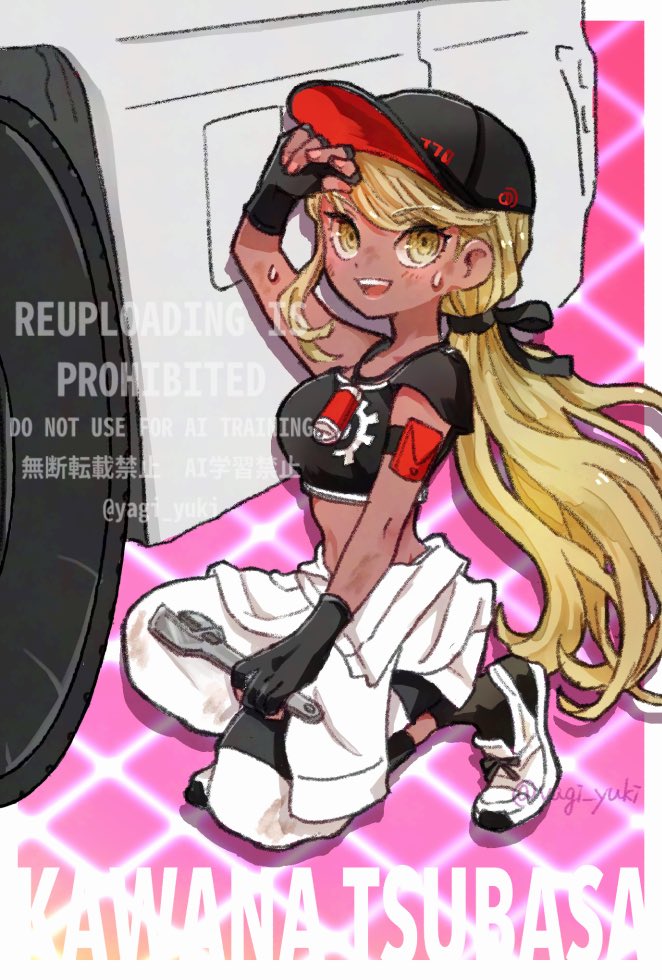 1girl armband baseball_cap black_gloves black_shirt blonde_hair blush border character_name crop_top crouching dark-skinned_female dark_skin female_focus fingerless_gloves fingernails gloves hand_up hat holding holding_wrench kawana_tsubasa long_hair looking_at_viewer open_mouth panties pink_background shirt short_sleeves solo solo_focus sweat sweatdrop teeth the_hundred_line_-last_defense_academy- underwear upper_teeth_only white_border white_panties wrench yellow_eyes